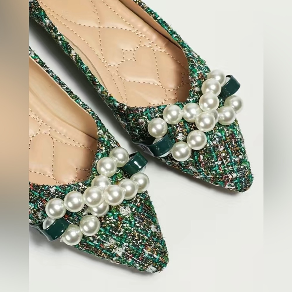 Metallic Green Tweed and Pearl Ballerina Shoes. Mermaidcore.